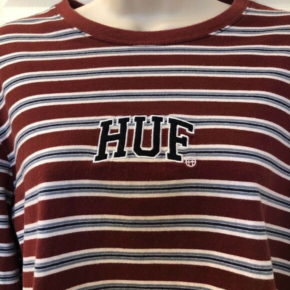 Huf Women's Striped Knit Long Sleeve Shirt Medium Maroon White Embroidered Logo - Picture 4 of 10